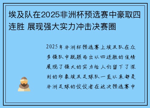 埃及队在2025非洲杯预选赛中豪取四连胜 展现强大实力冲击决赛圈 埃及队在2025非洲杯预选赛中豪取四连胜 展现强大实力冲击决赛圈